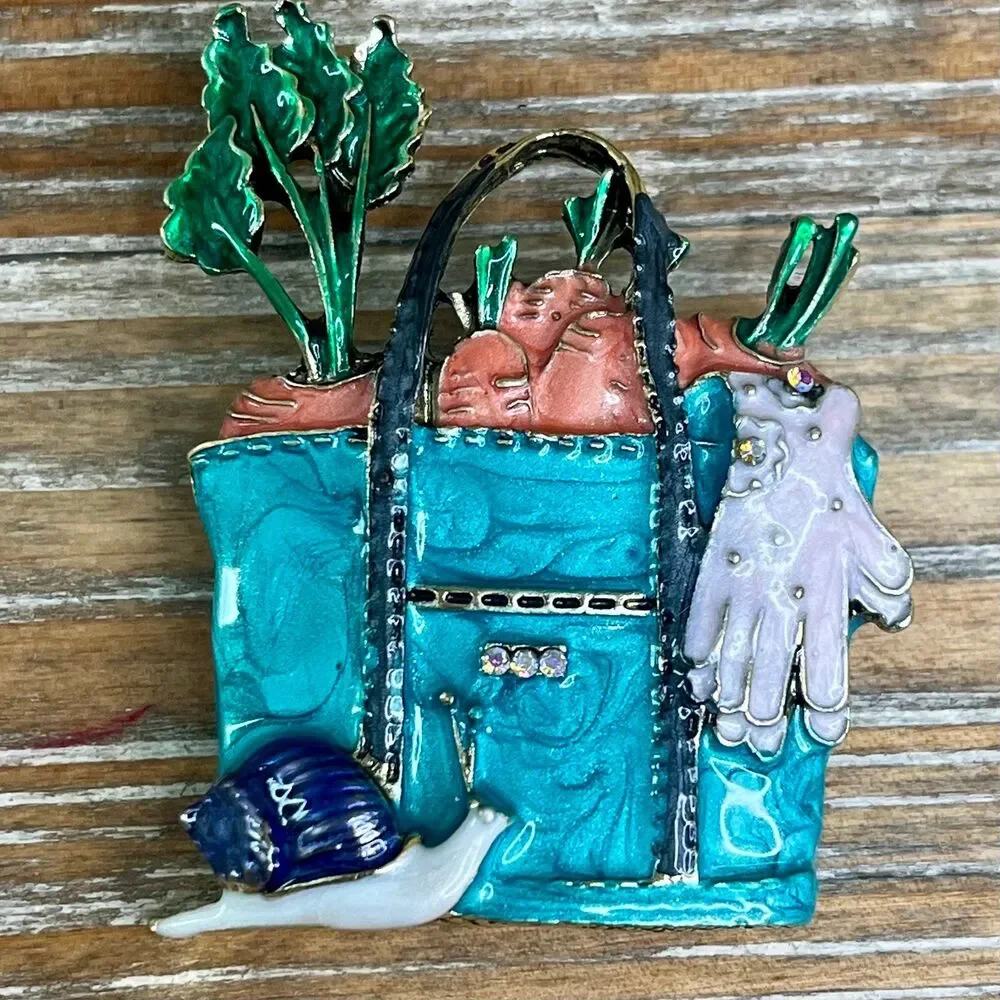 Whimsical Vintage-Style Enamel Gardening Tote Brooch